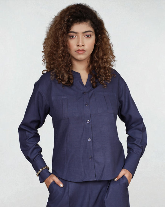 Mandarin Collar Shirt (Navy Blue)