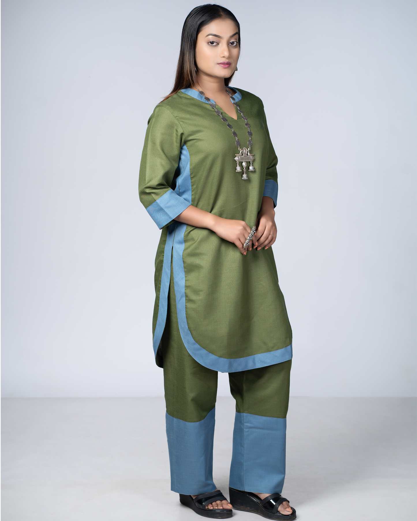 Rangmilap Co-ord Set(Olive and Blue)