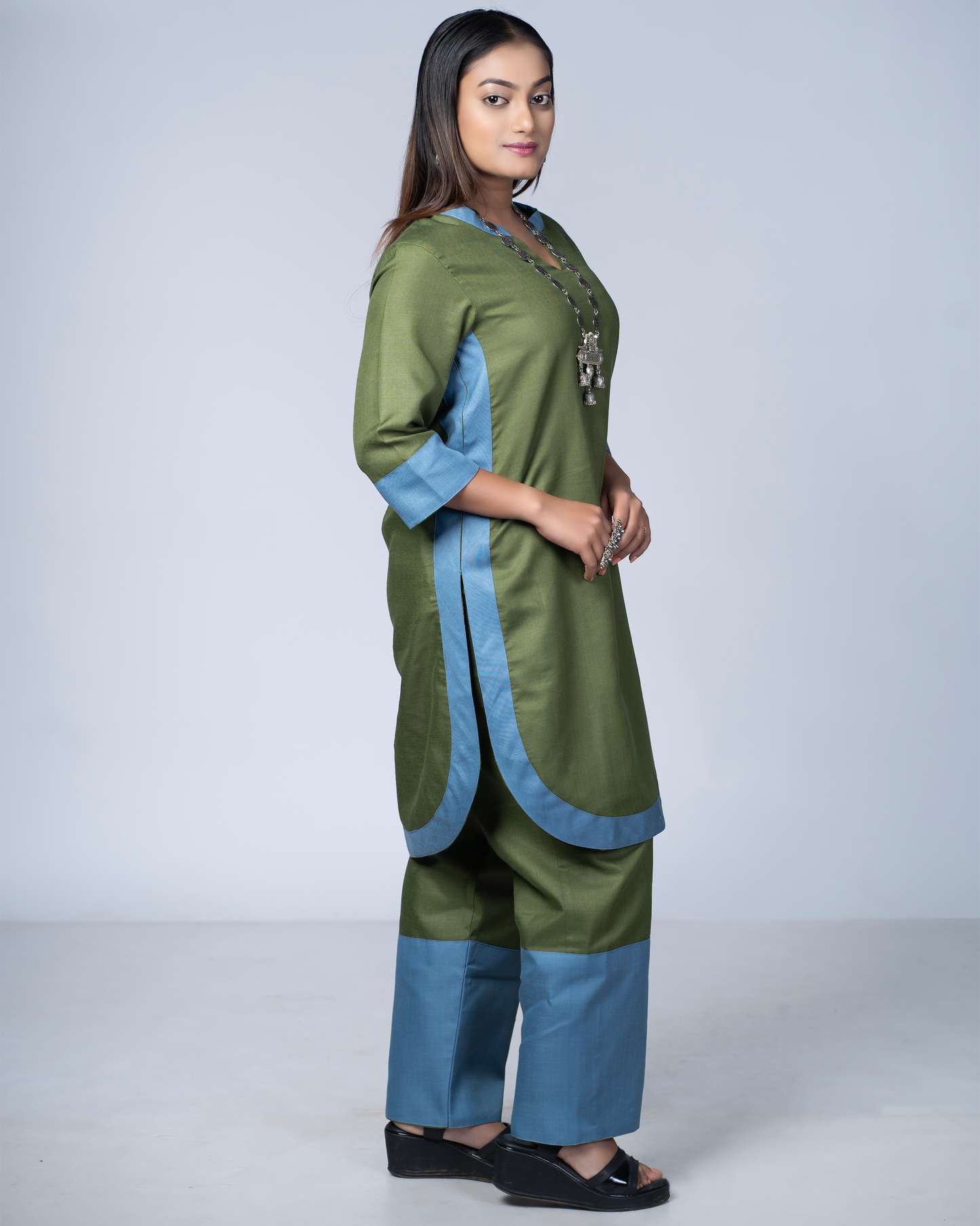 Rangmilap Co-ord Set(Olive and Blue)