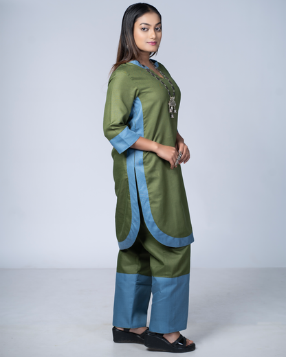 Rangmilap Co-ord Set(Olive and Blue)
